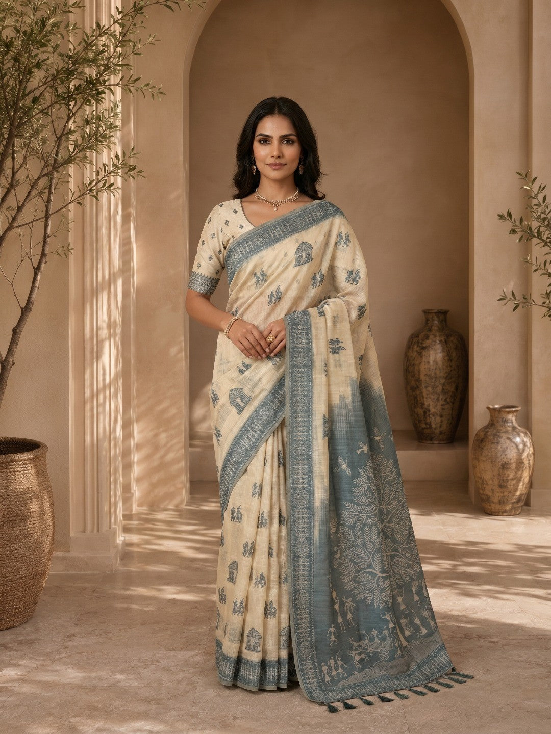 Beige Meenakari Weaving Soft Muga Cotton Saree Designed for Elegant Traditional Wear - Image 1