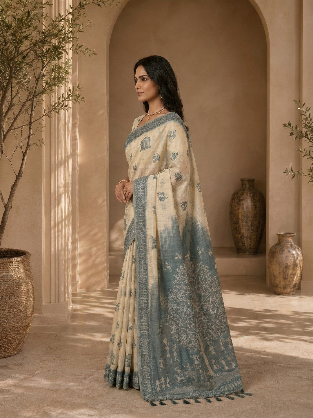 Beige Meenakari Weaving Soft Muga Cotton Saree Designed for Elegant Traditional Wear - Image 3