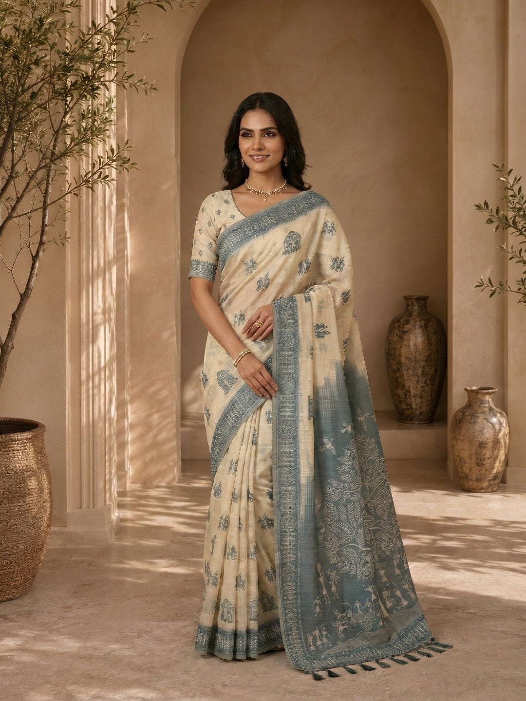 Beige Meenakari Weaving Soft Muga Cotton Saree Designed for Elegant Traditional Wear - Image 4