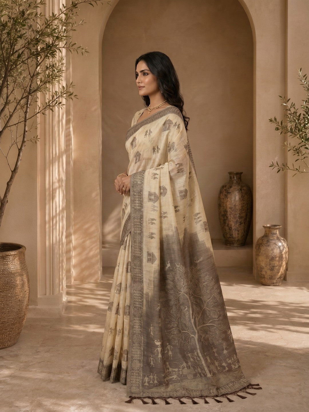 Beige Meenakari Weaving Soft Muga Cotton Saree Designed for Elegant Festive Wear - Image 3
