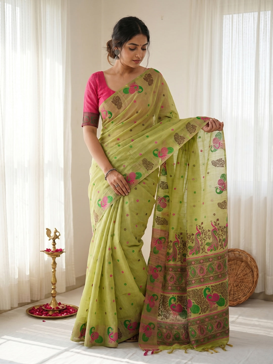 Elegant Green Cotton Blend Saree with Traditional Peacock Woven Motifs - Image 1