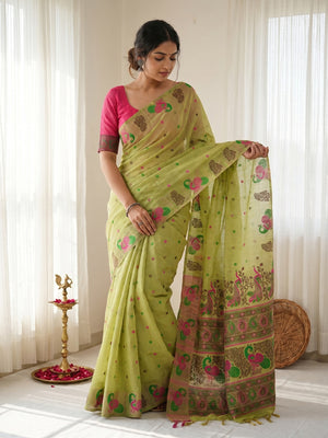 Elegant Green Cotton Blend Saree with Traditional Peacock Woven Motifs - Image 1