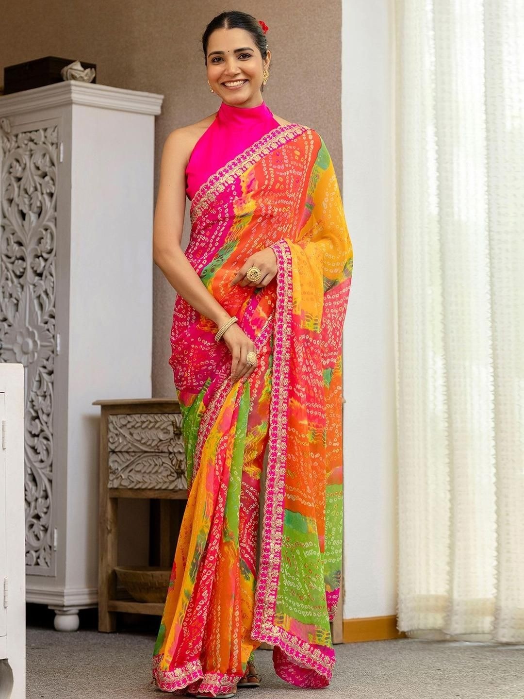 Multicolor Bandhani Printed Georgette Saree With Sequins Embroidered Border - Image 1