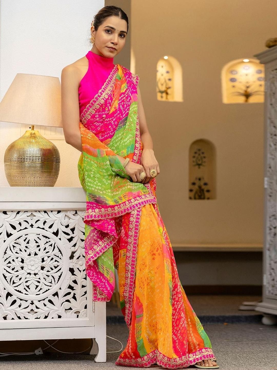 Multicolor Bandhani Printed Georgette Saree With Sequins Embroidered Border - Image 4
