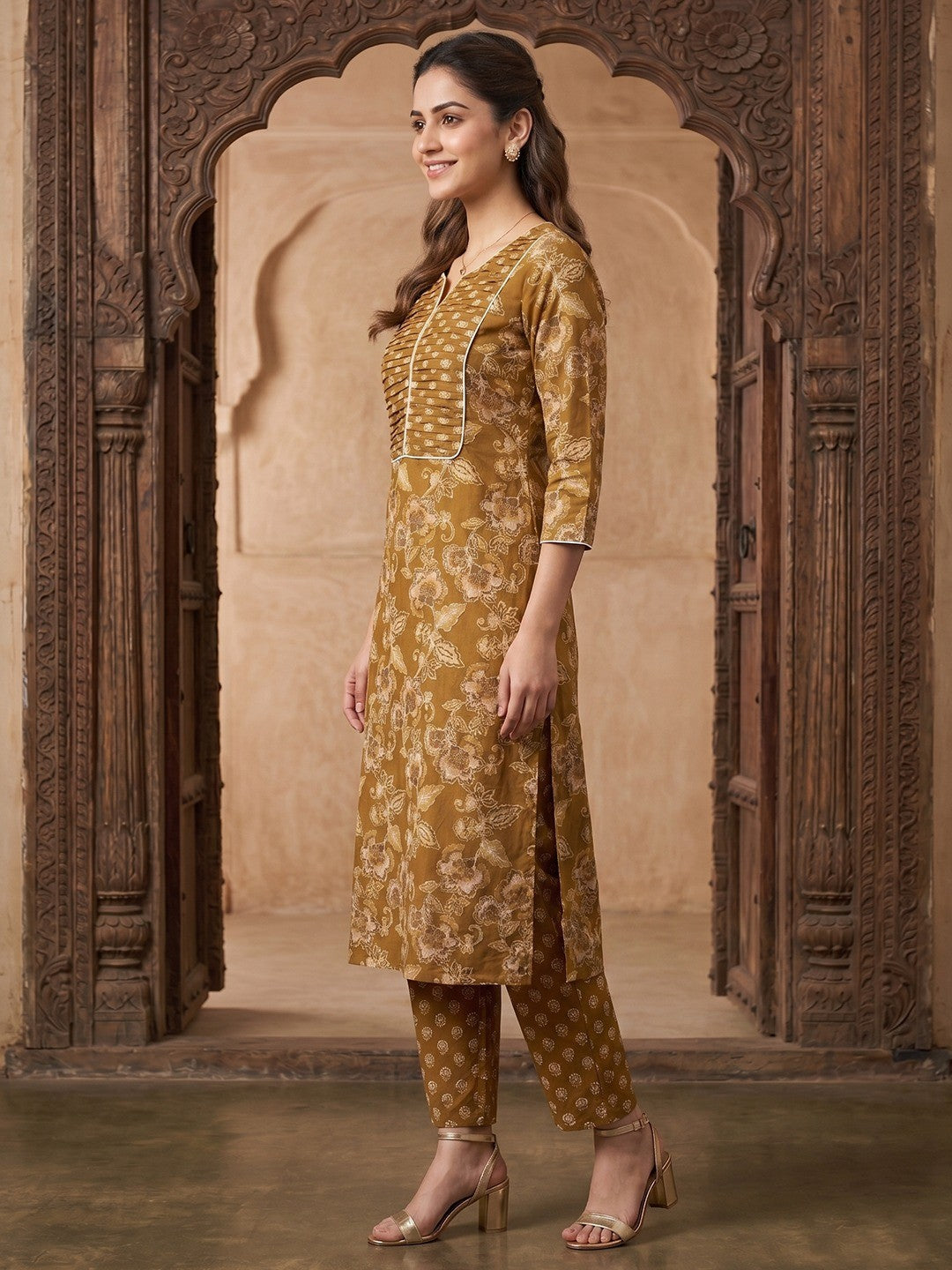 Mustard Floral Printed Pure Cotton Straight Kurta with Pants Set - Image 4