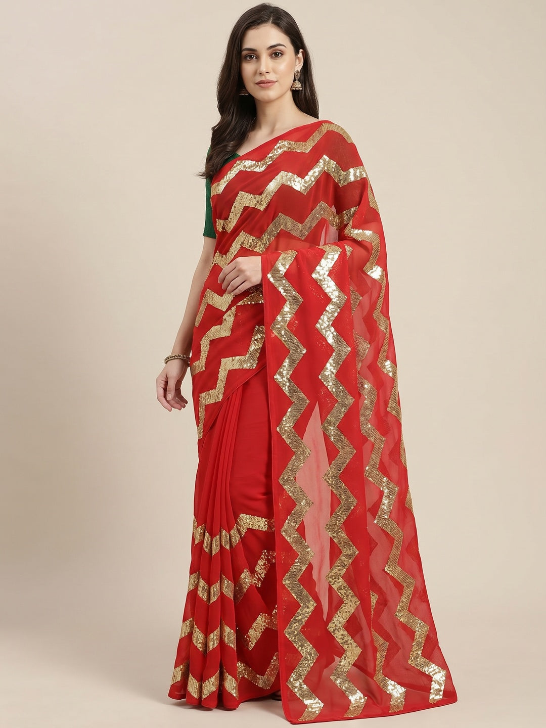 Red Sequins Embroidered Georgette Saree - Image 1