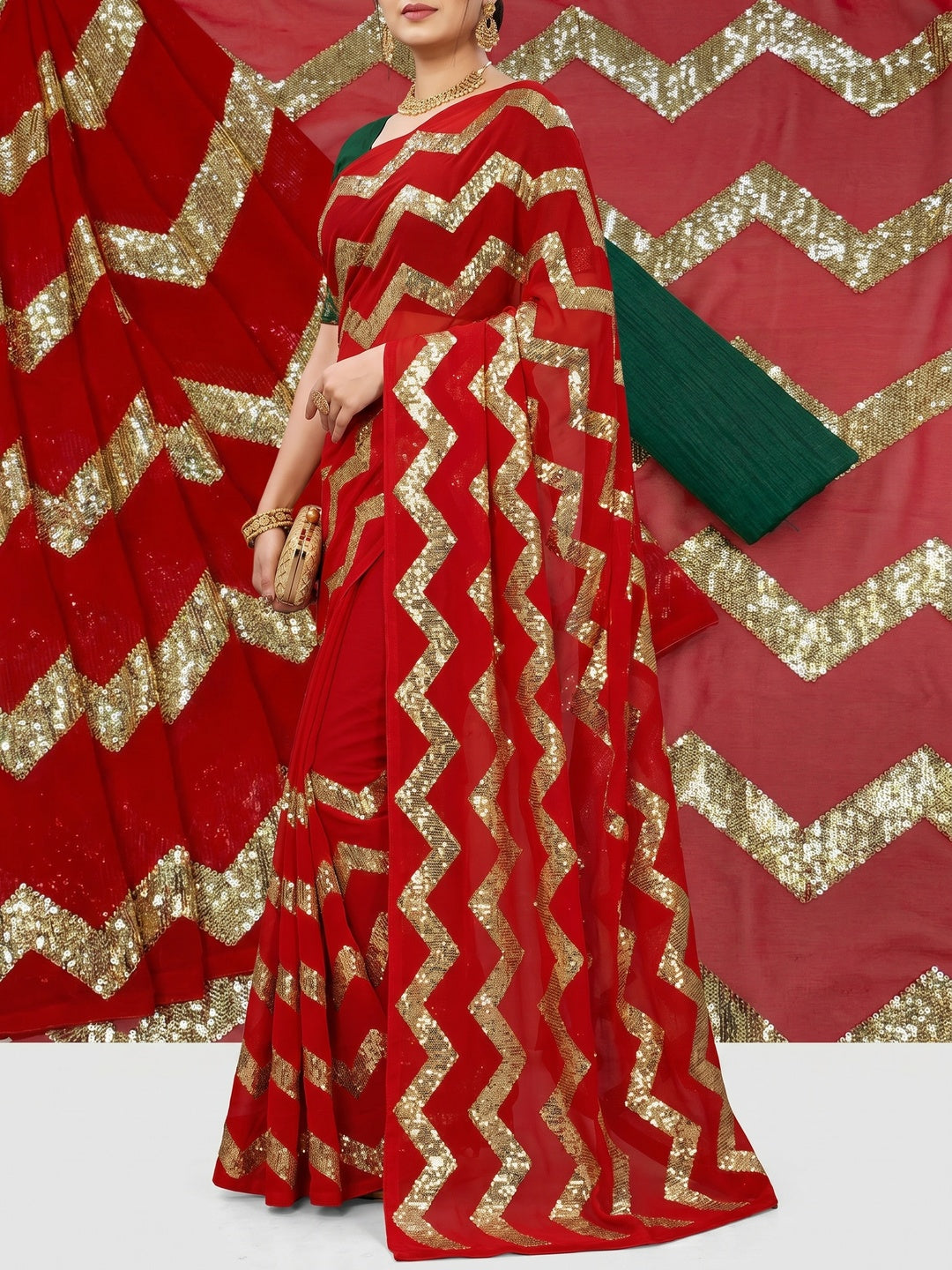 Red Sequins Embroidered Georgette Saree - Image 3