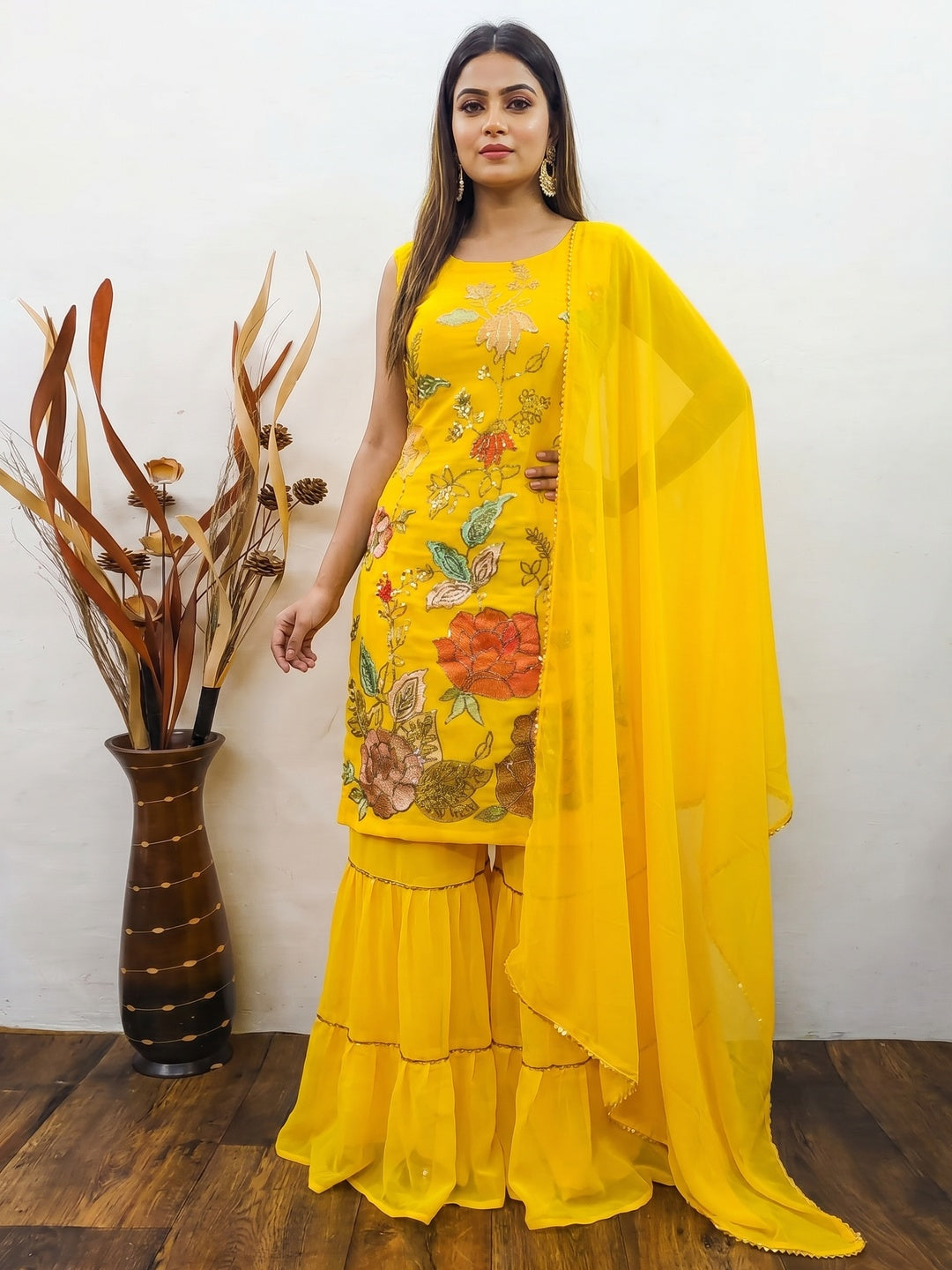Yellow Festive Wear Floral Embroidered Georgette Sharara Suit - Image 1