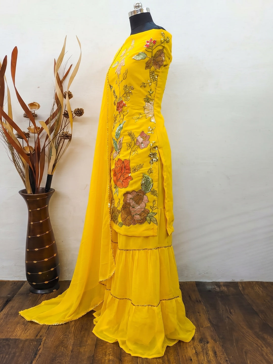 Yellow Festive Wear Floral Embroidered Georgette Sharara Suit - Image 3