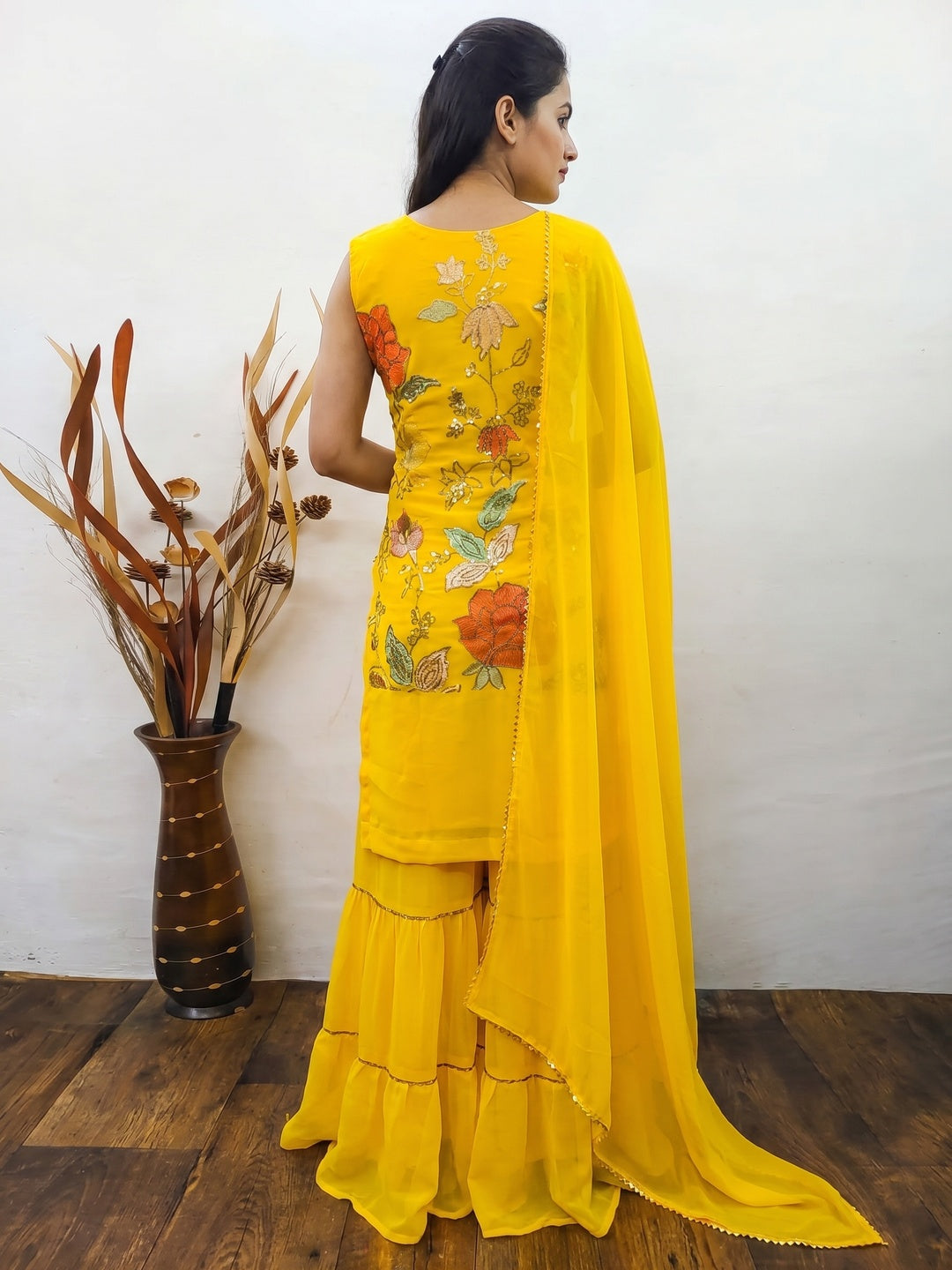 Yellow Festive Wear Floral Embroidered Georgette Sharara Suit - Image 2