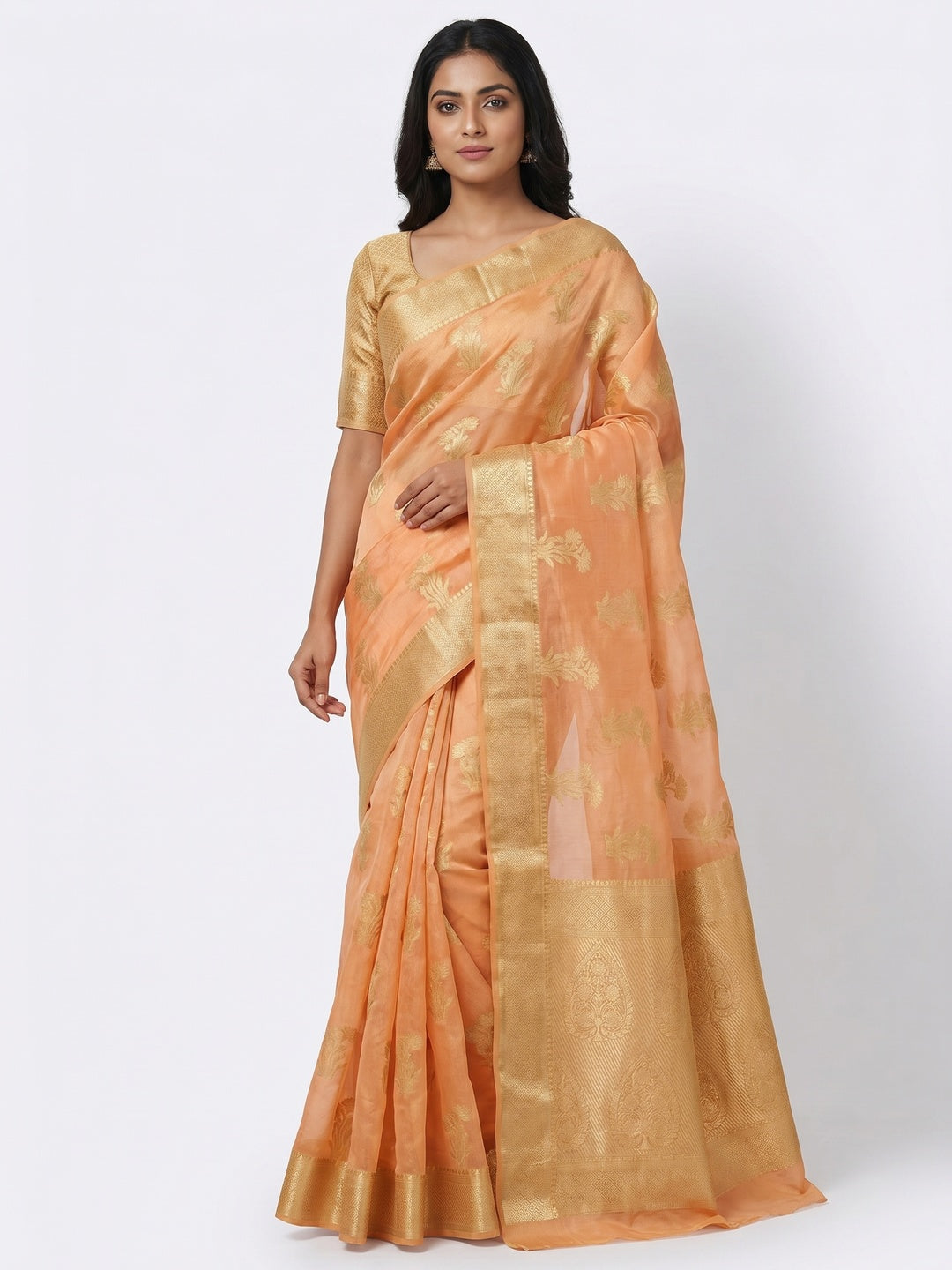 Peach Festive Wear Woven Organza Saree - Image 1