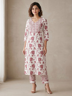 Floral Printed Pure Cotton Straight Kurta Set in White - Image 1