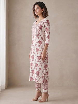 Floral Printed Pure Cotton Straight Kurta Set in White - Image 2