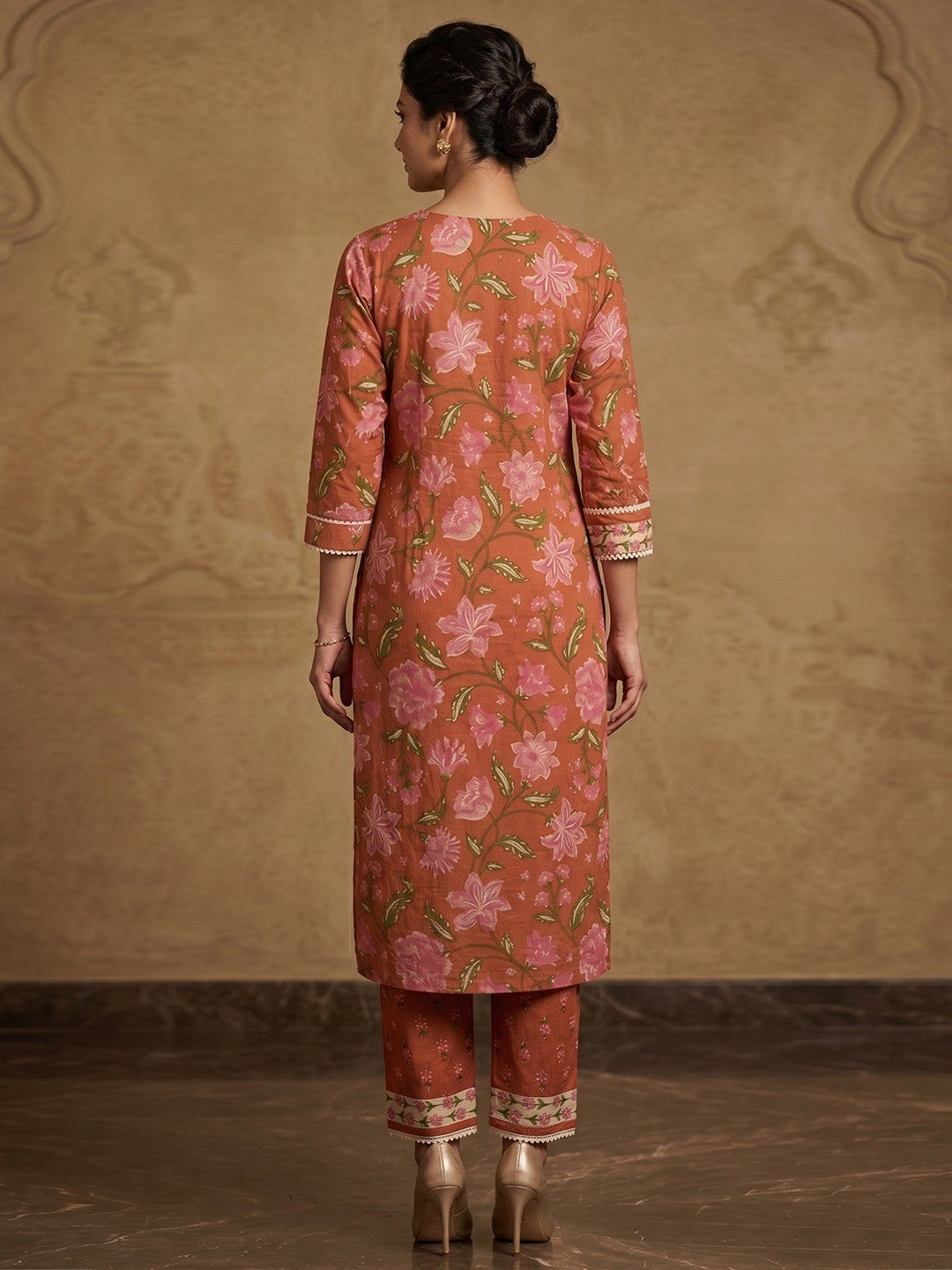 Rust Floral Printed Pure Cotton Straight Kurta with Pants Set - Image 3