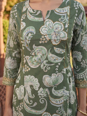 Elegant Green Floral Printed Pure Cotton Straight Top Bottom Set - Image 2