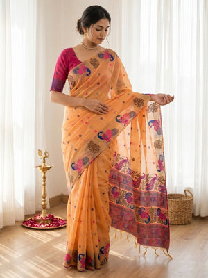 Elegant Orange Cotton Blend Saree with Traditional Peacock Woven Motifs - Image 1