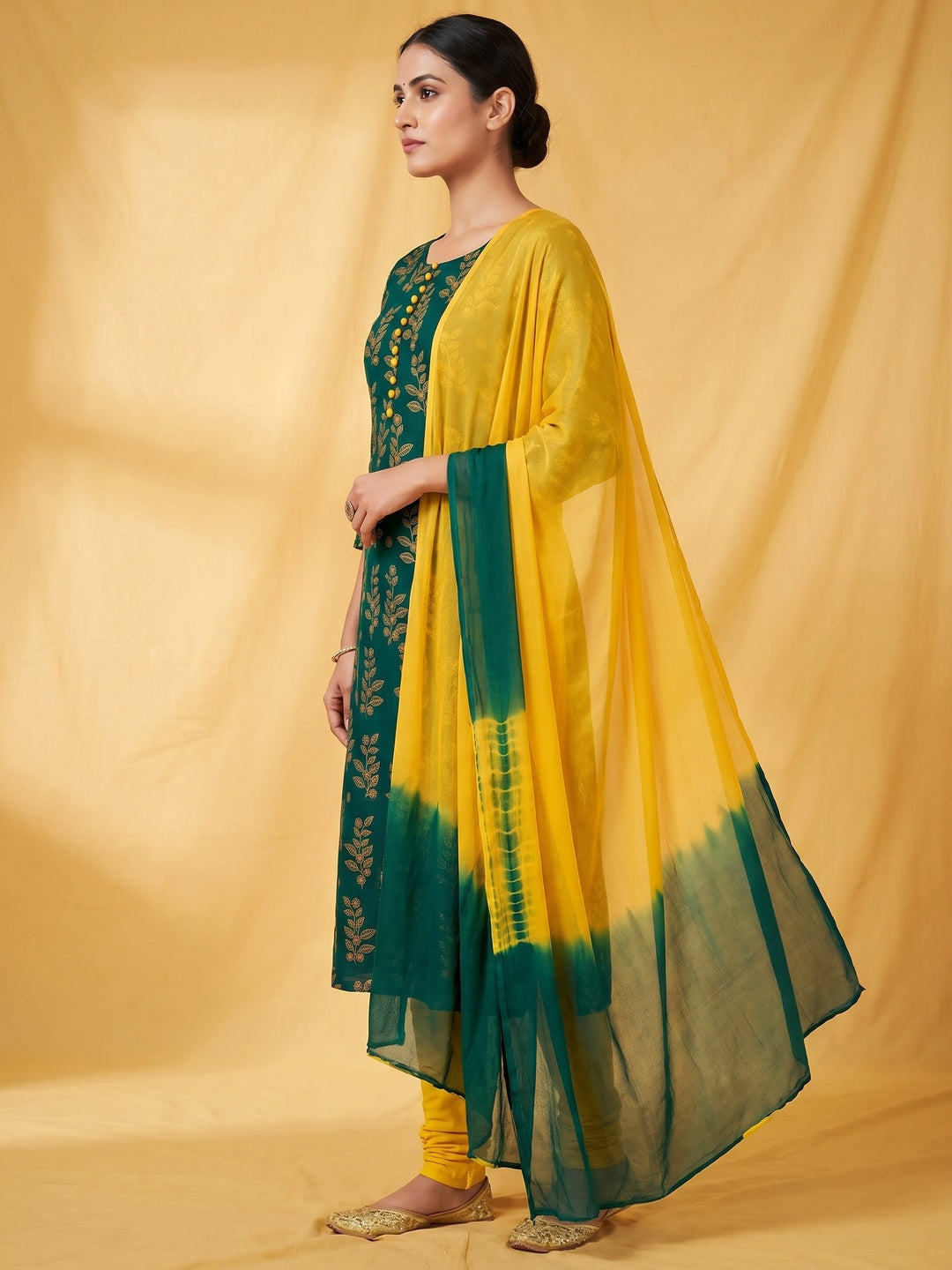 Green Floral Printed Cotton Dress Material - Image 3