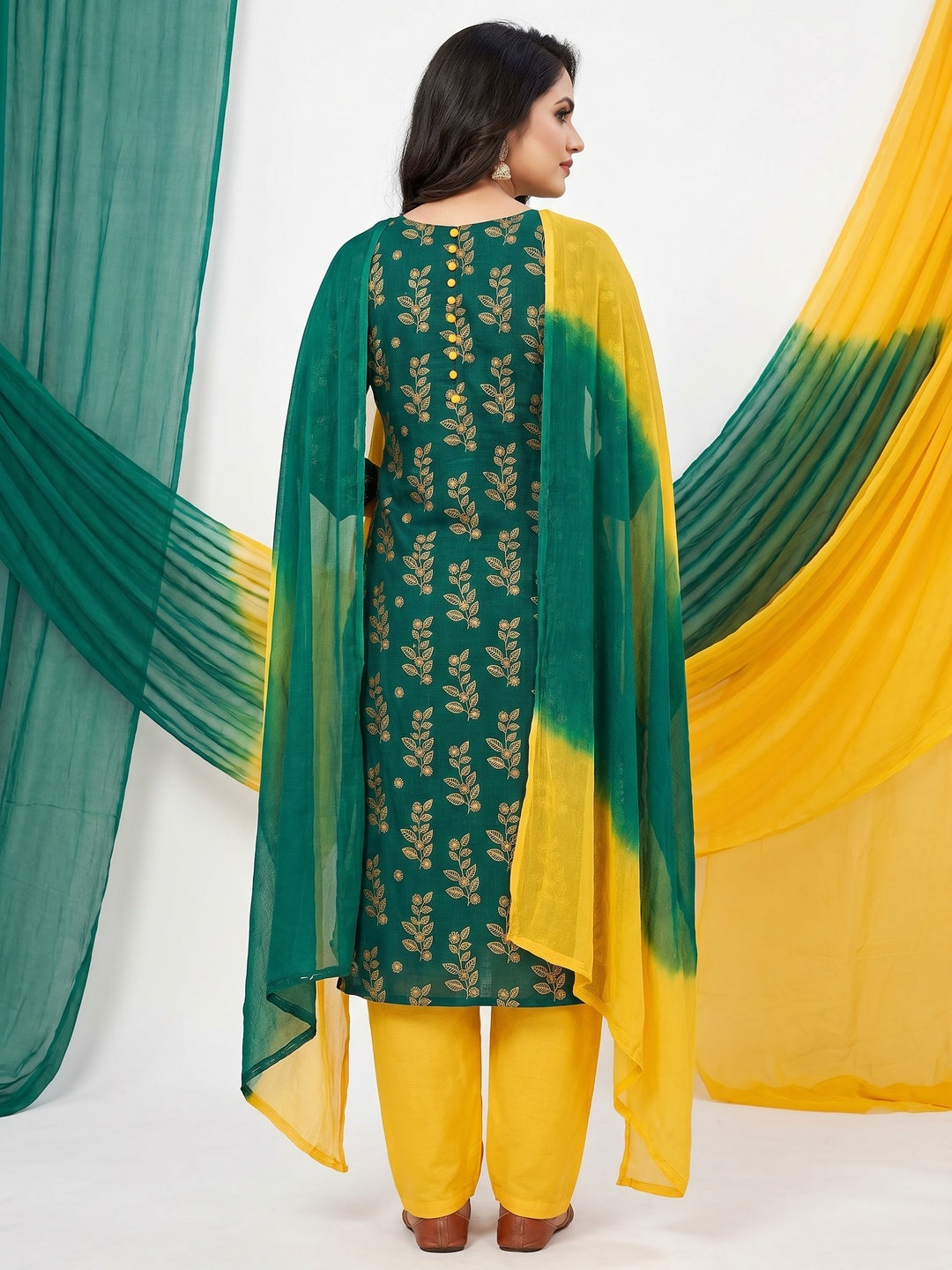 Green Floral Printed Cotton Dress Material - Image 2