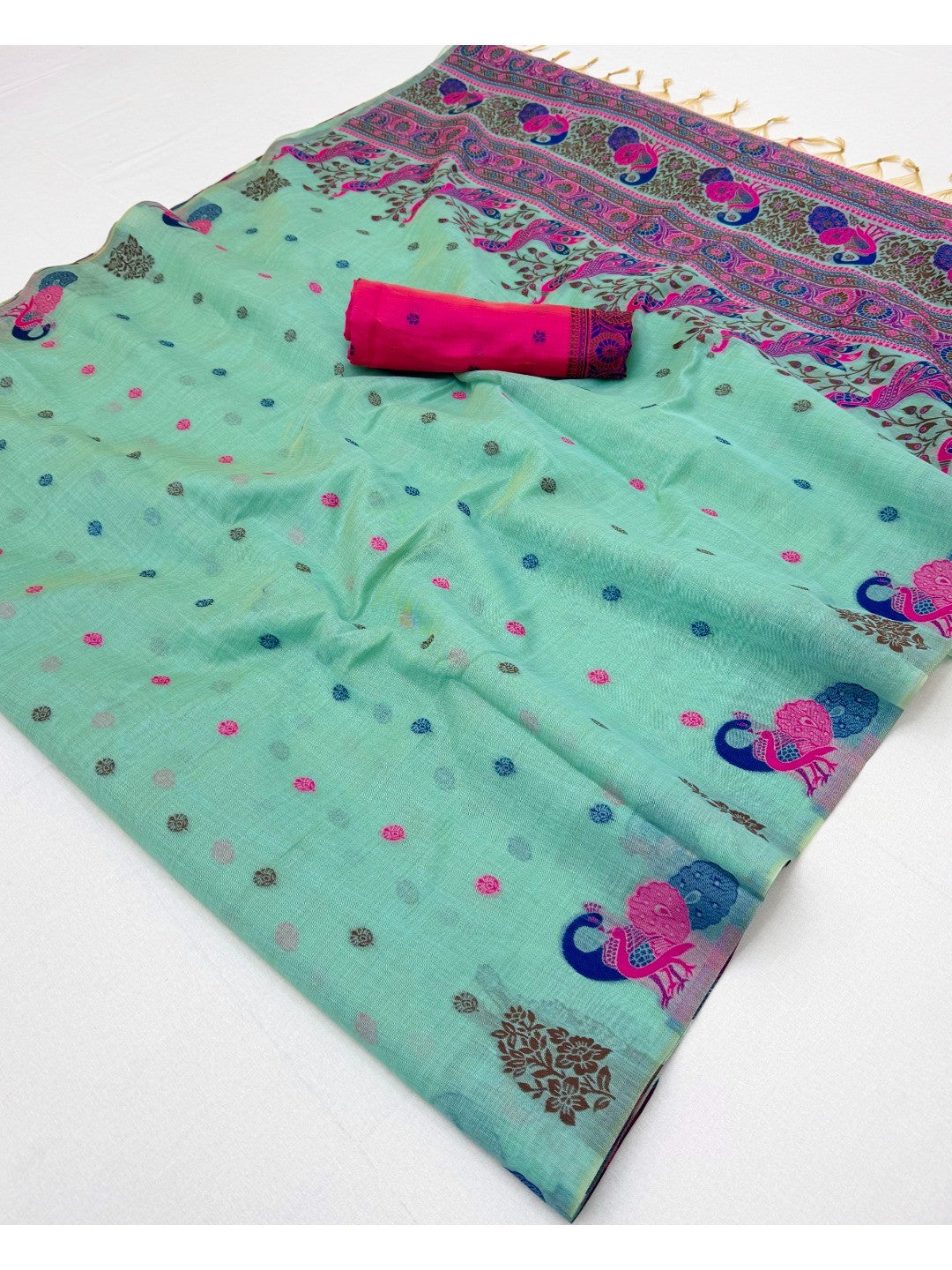 Elegant Turquoise Cotton Blend Saree with Traditional Peacock Woven Motifs - Image 2