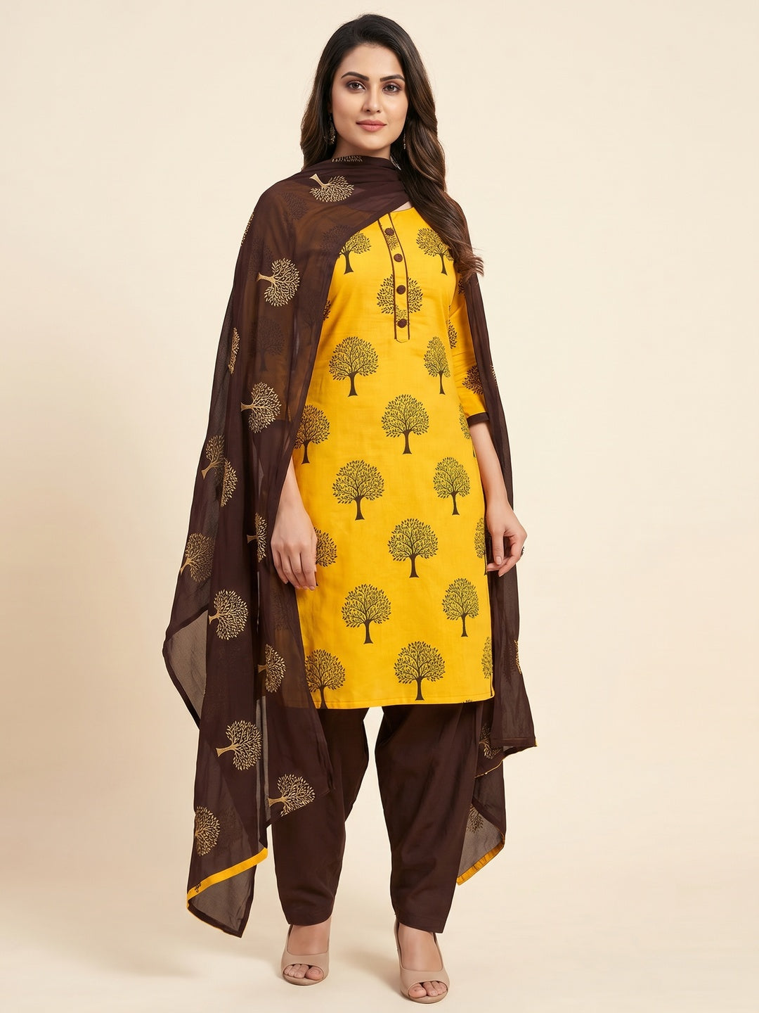 Yellow Printed Cotton Blend Dress Material - Image 1