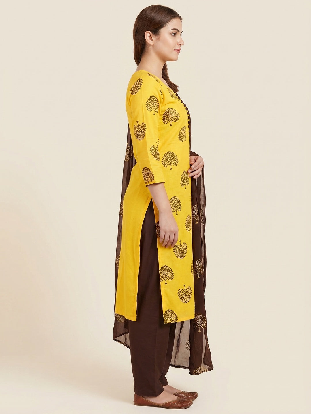 Yellow Printed Cotton Blend Dress Material - Image 3