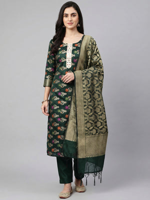 Green Woven Banarasi Dress Material - Image 1