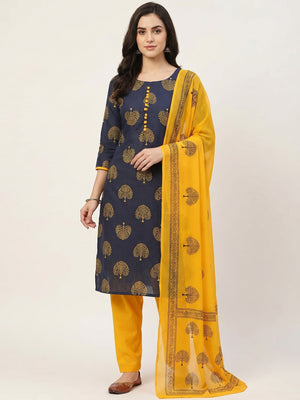 Blue Printed Cotton Blend Dress Material - Image 1