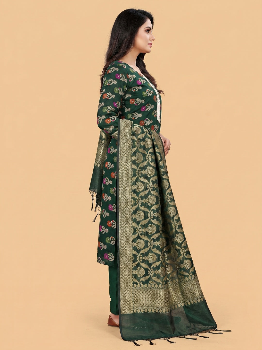 Green Woven Banarasi Dress Material - Image 2