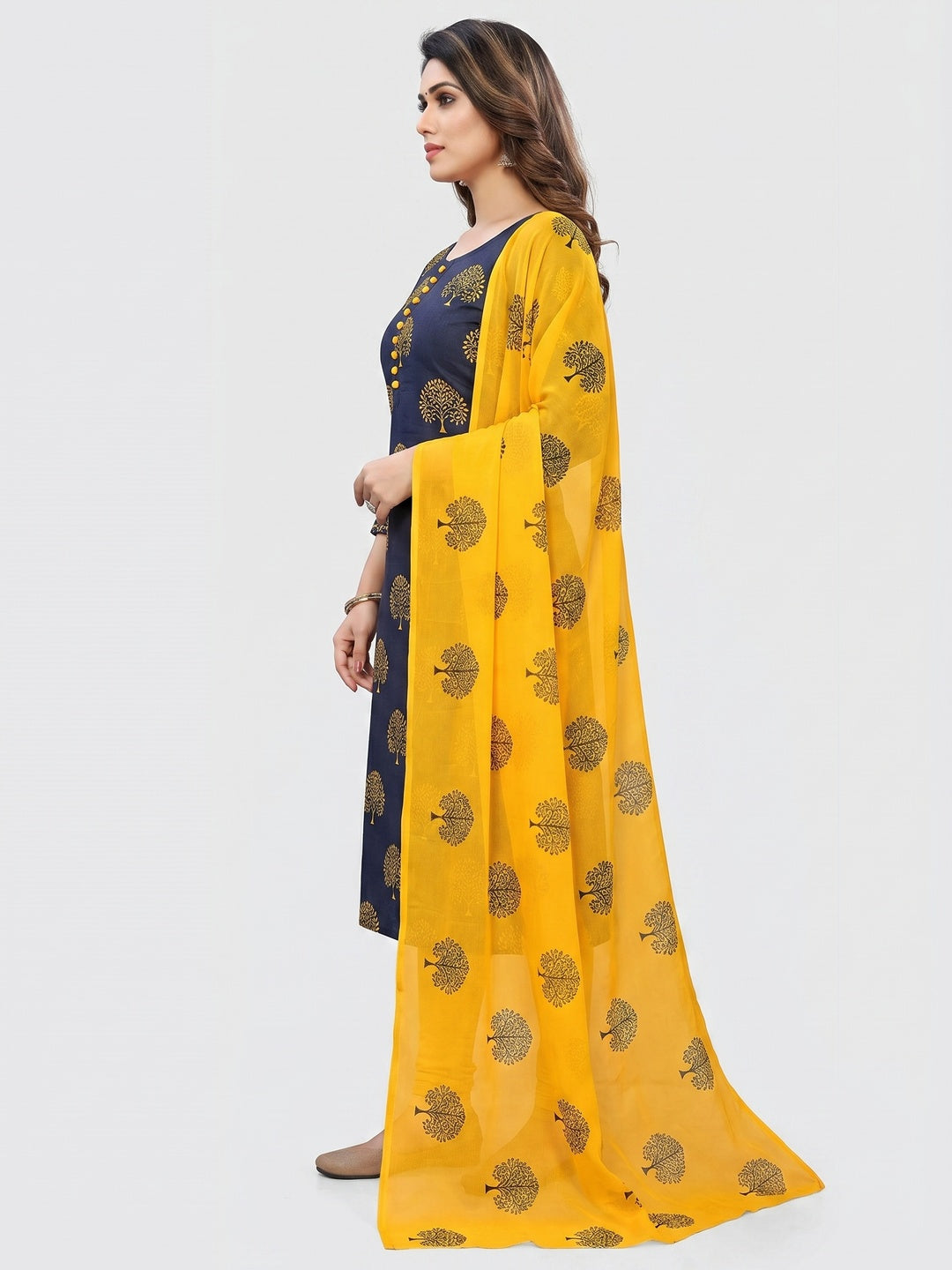 Blue Printed Cotton Blend Dress Material - Image 3
