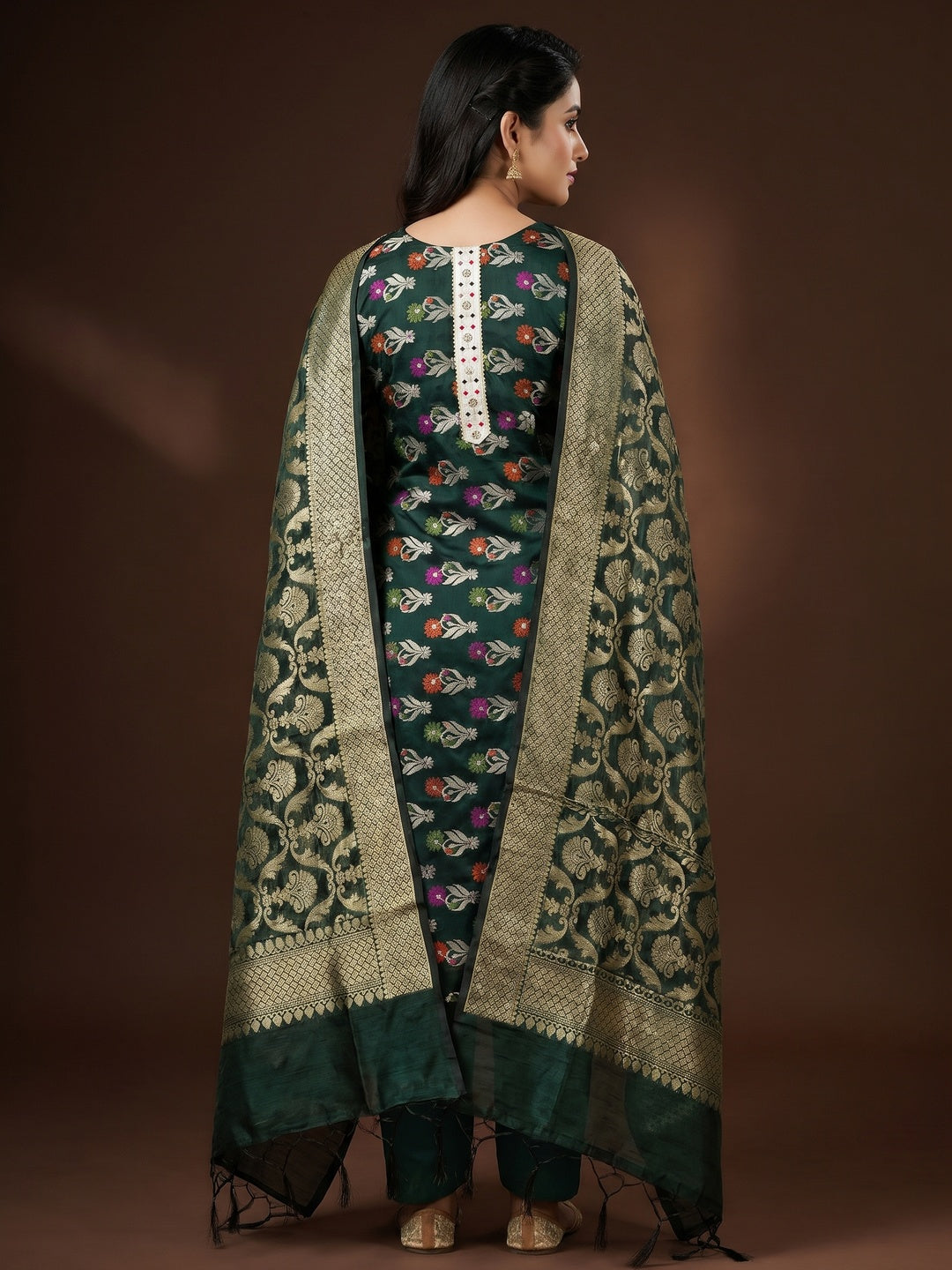 Green Woven Banarasi Dress Material - Image 3