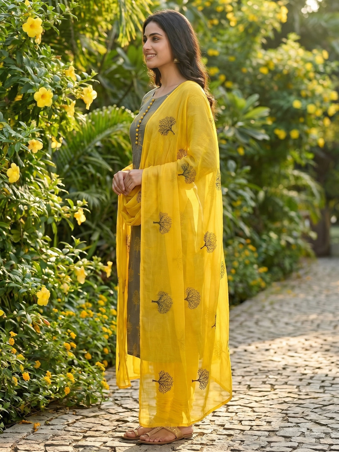 Grey Printed Cotton Dress Material - Image 1