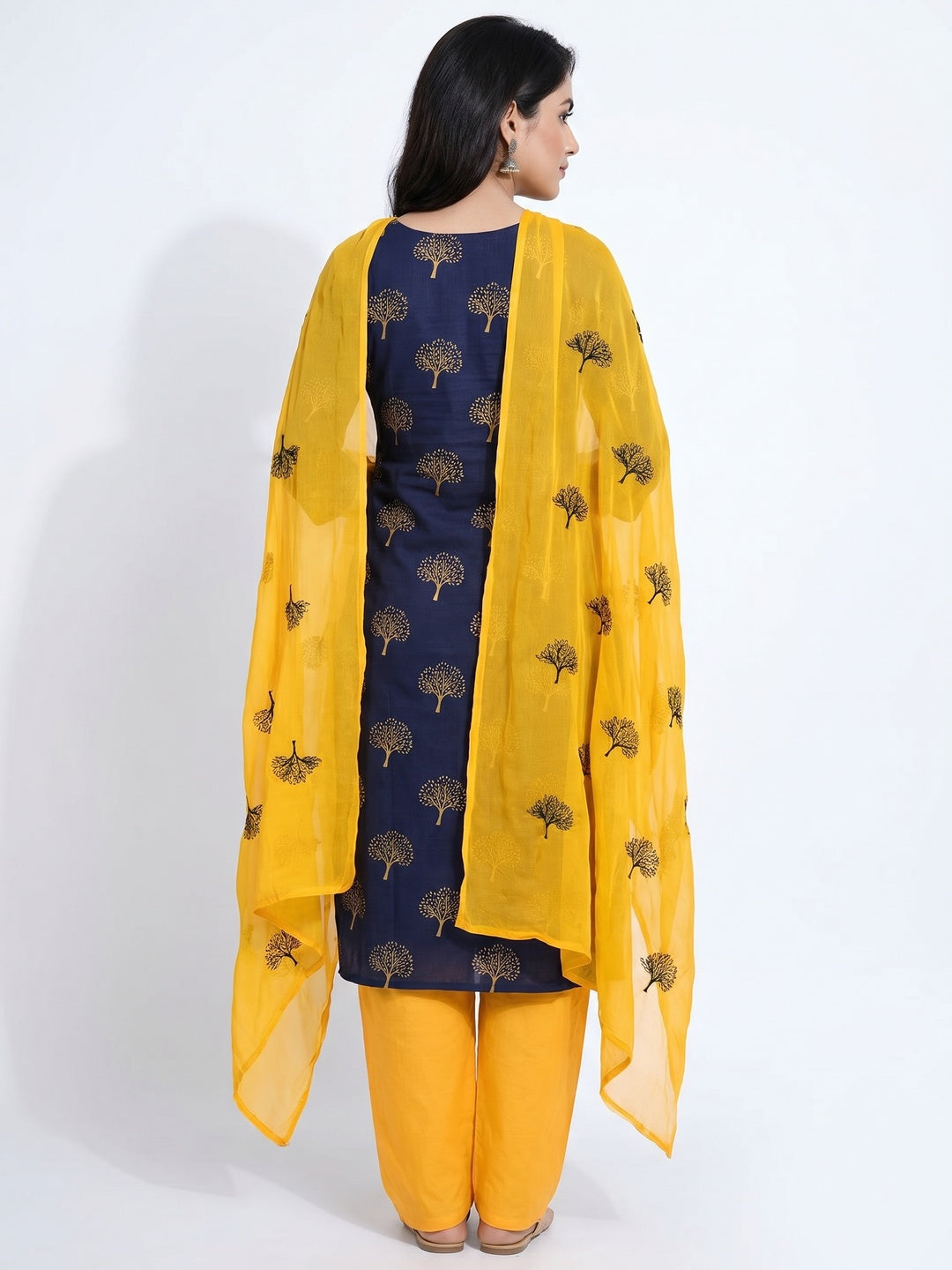 Navy Blue Printed Cotton Blend Dress Material - Image 2