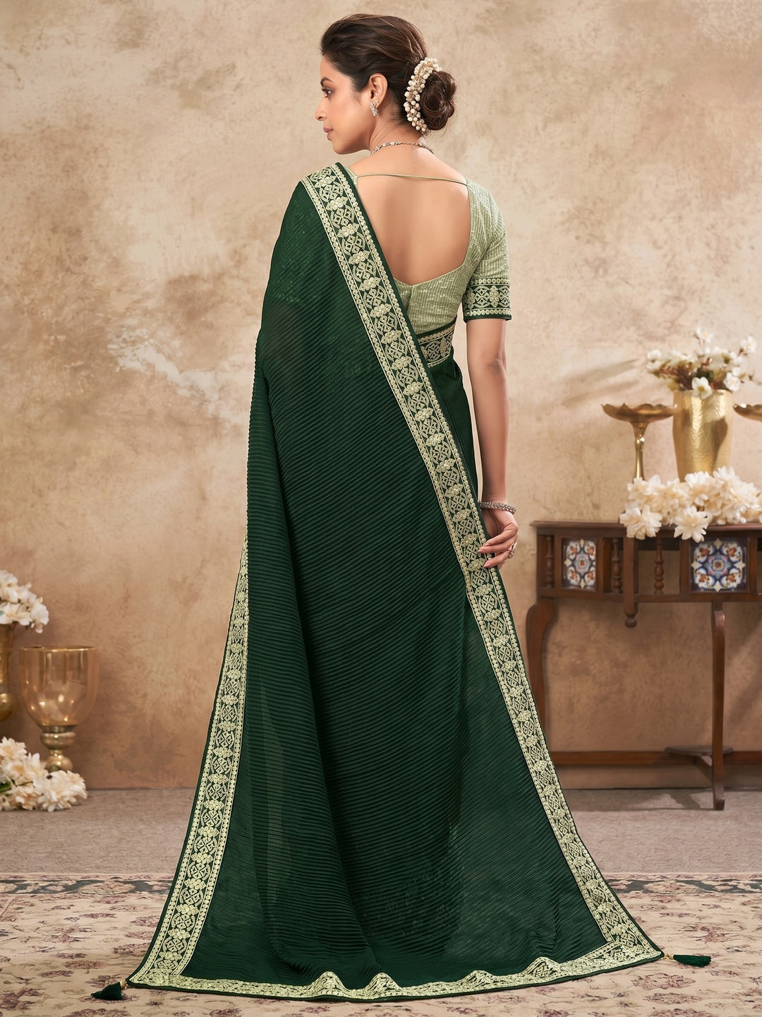 Bottle Green & Pista Green Sequins Embroidered Chiffon Half & Half Saree - Image 1