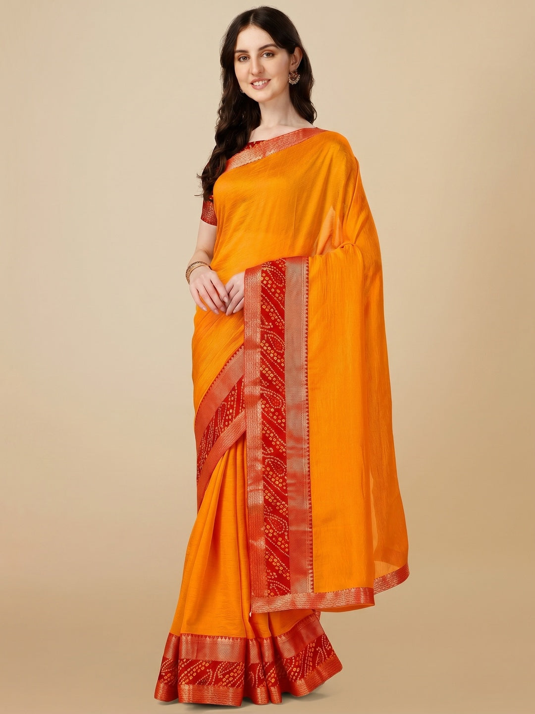 Yellow Solid Vichitra Silk Saree - Image 1