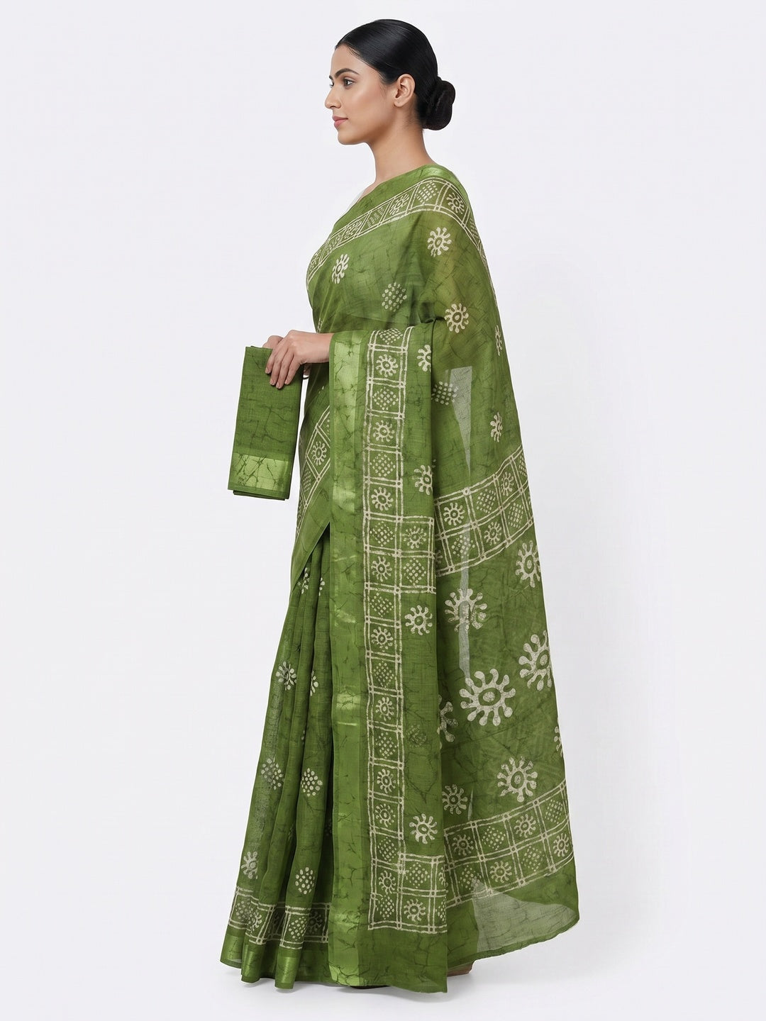 Green Printed Linen Saree - Image 2