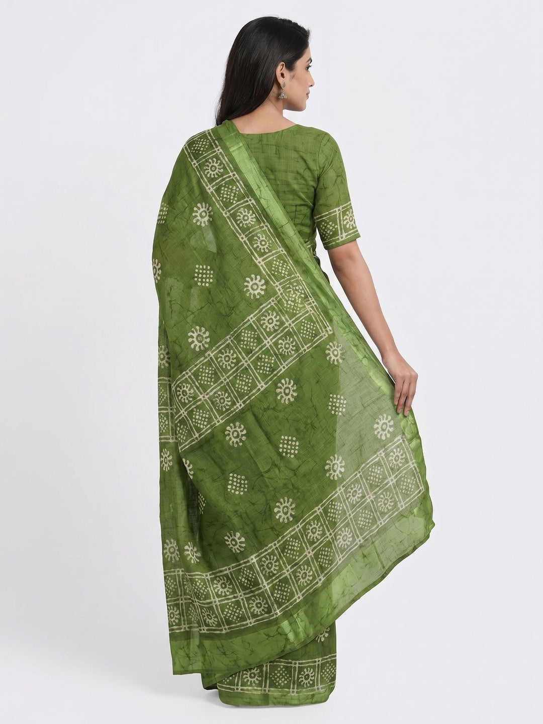 Green Printed Linen Saree - Image 3