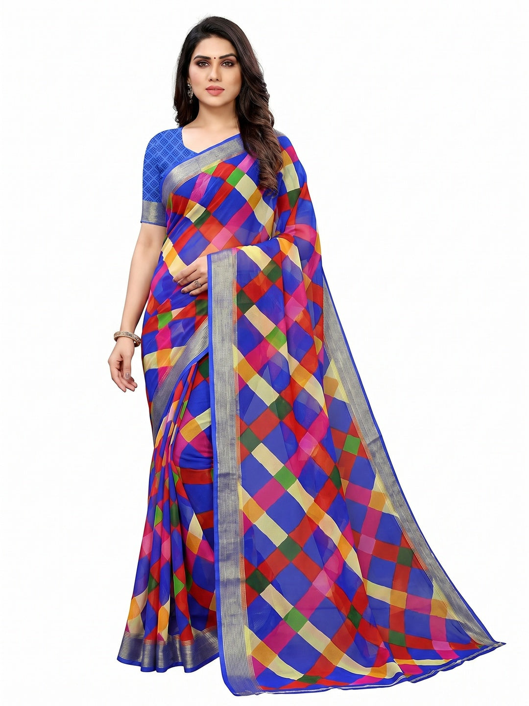 Blue Cheks Printed Chiffon Saree - Image 1
