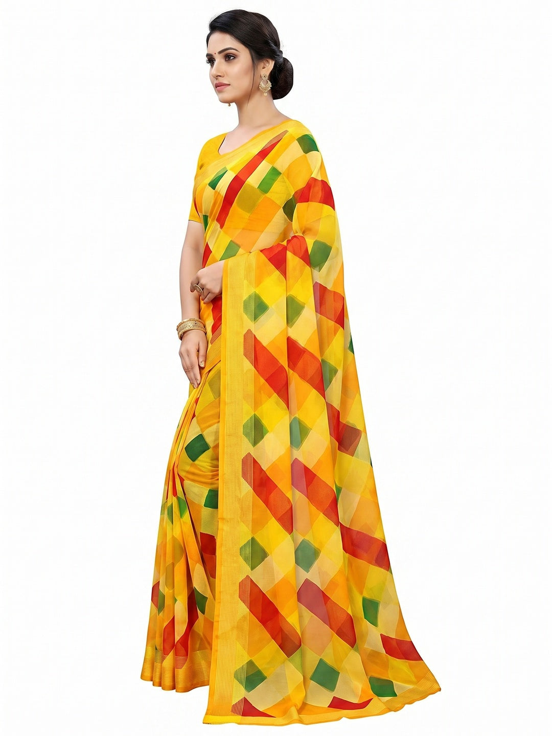 Yellow Cheks Printed Chiffon Saree - Image 2