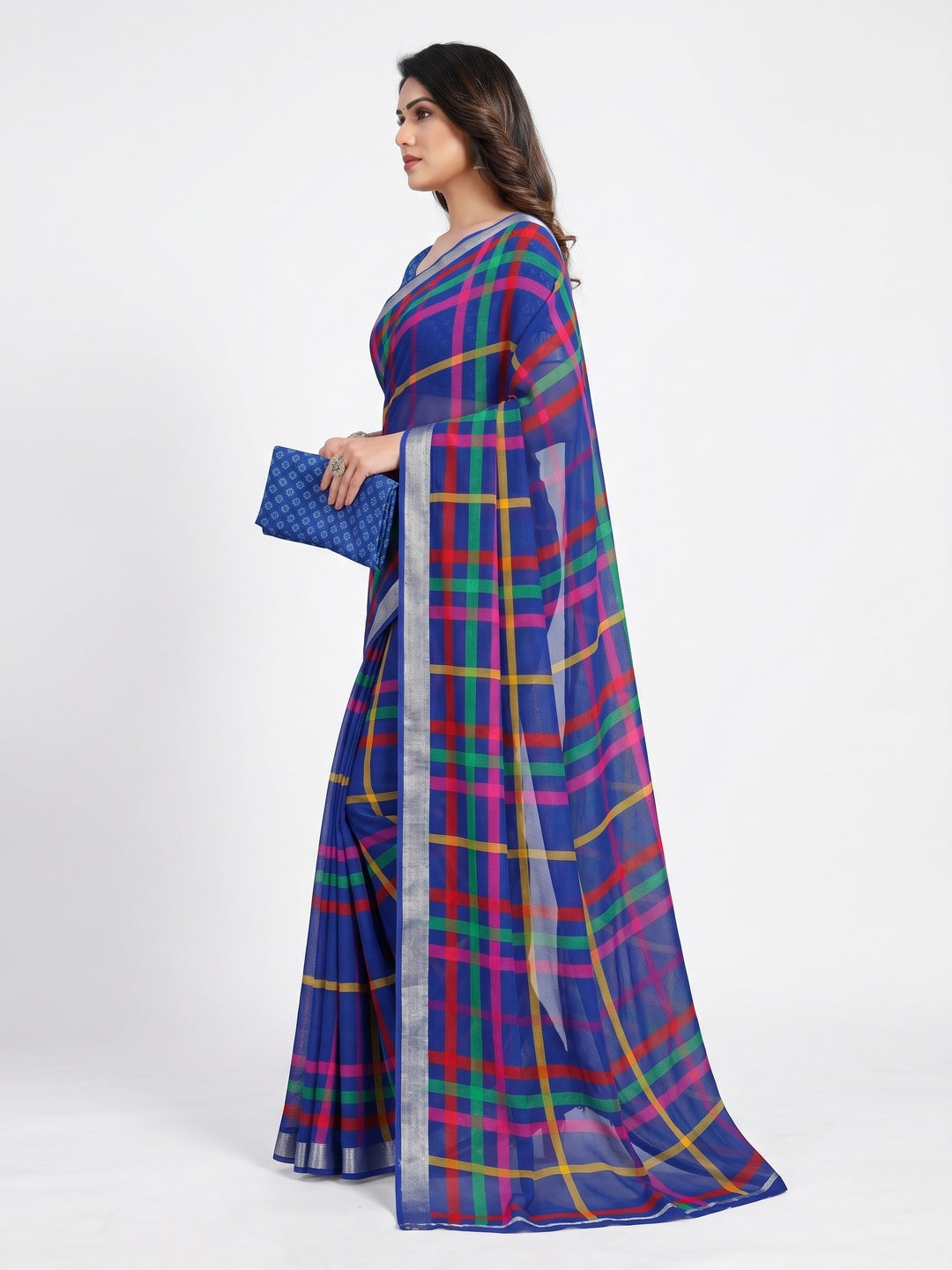 Blue Cheks Printed Chiffon Saree - Image 2