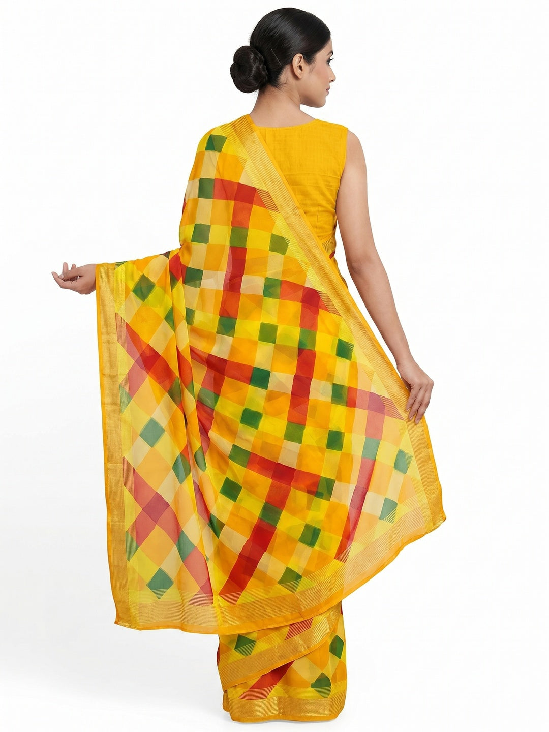 Yellow Cheks Printed Chiffon Saree - Image 3