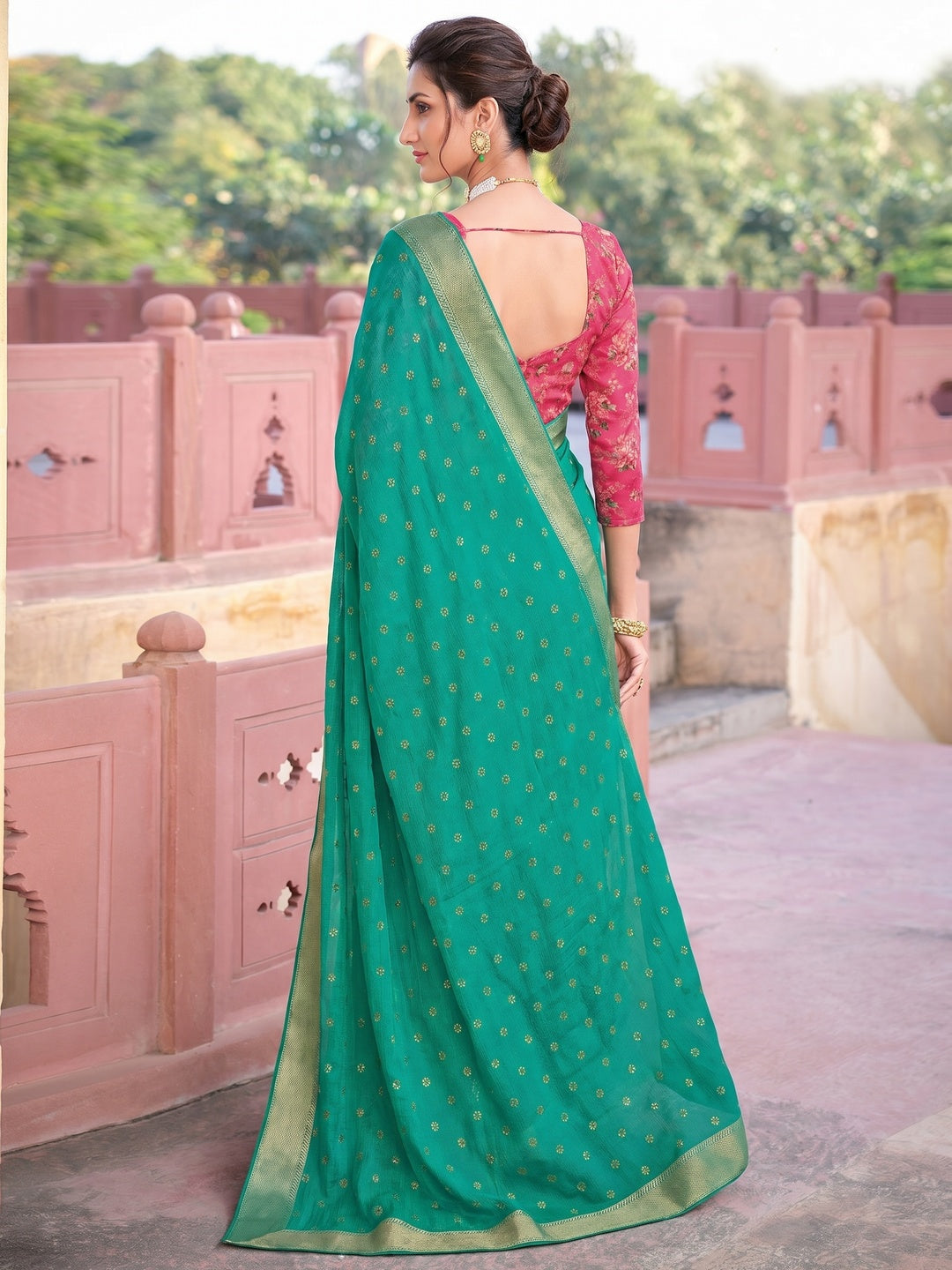 Rama Green Woven Chiffon Saree - Image 1