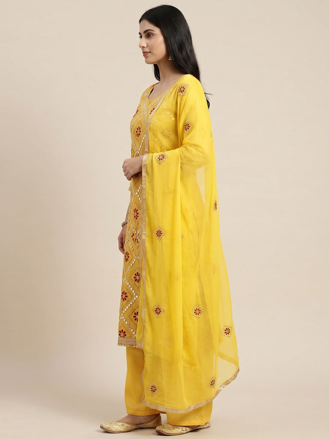 Yellow Embroidered Modal Dress Material - Image 3