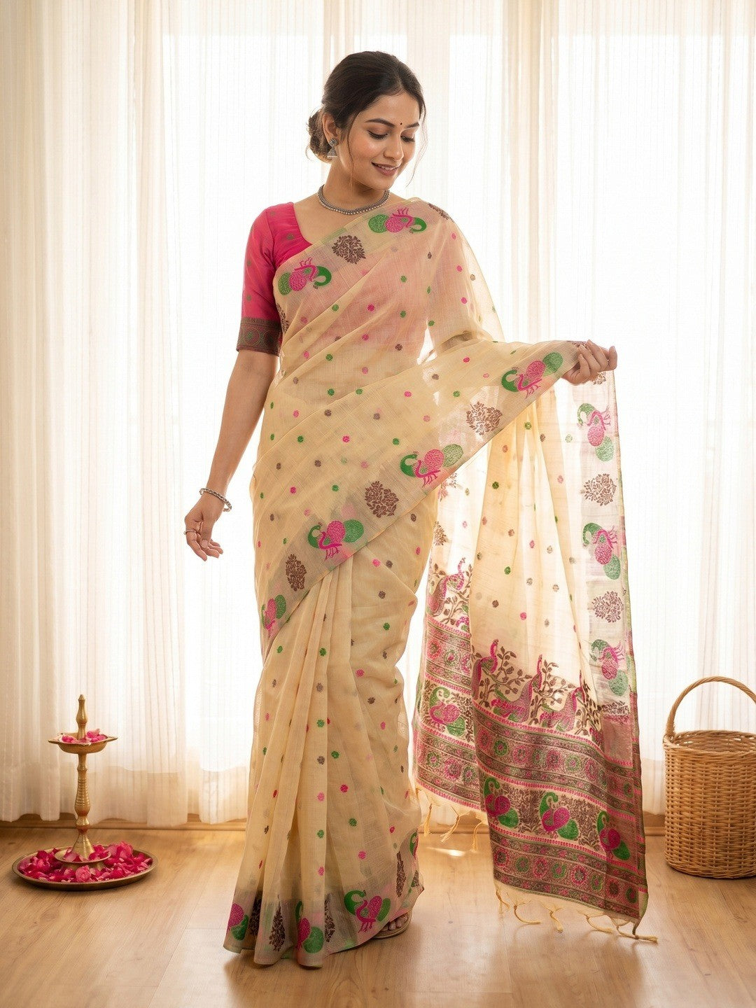 Cream Cotton Blend Saree with Traditional Peacock Woven Motifs - Image 1