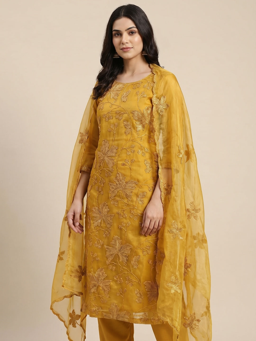 Mustard Yellow Embroidered Organza Dress Material - Image 1