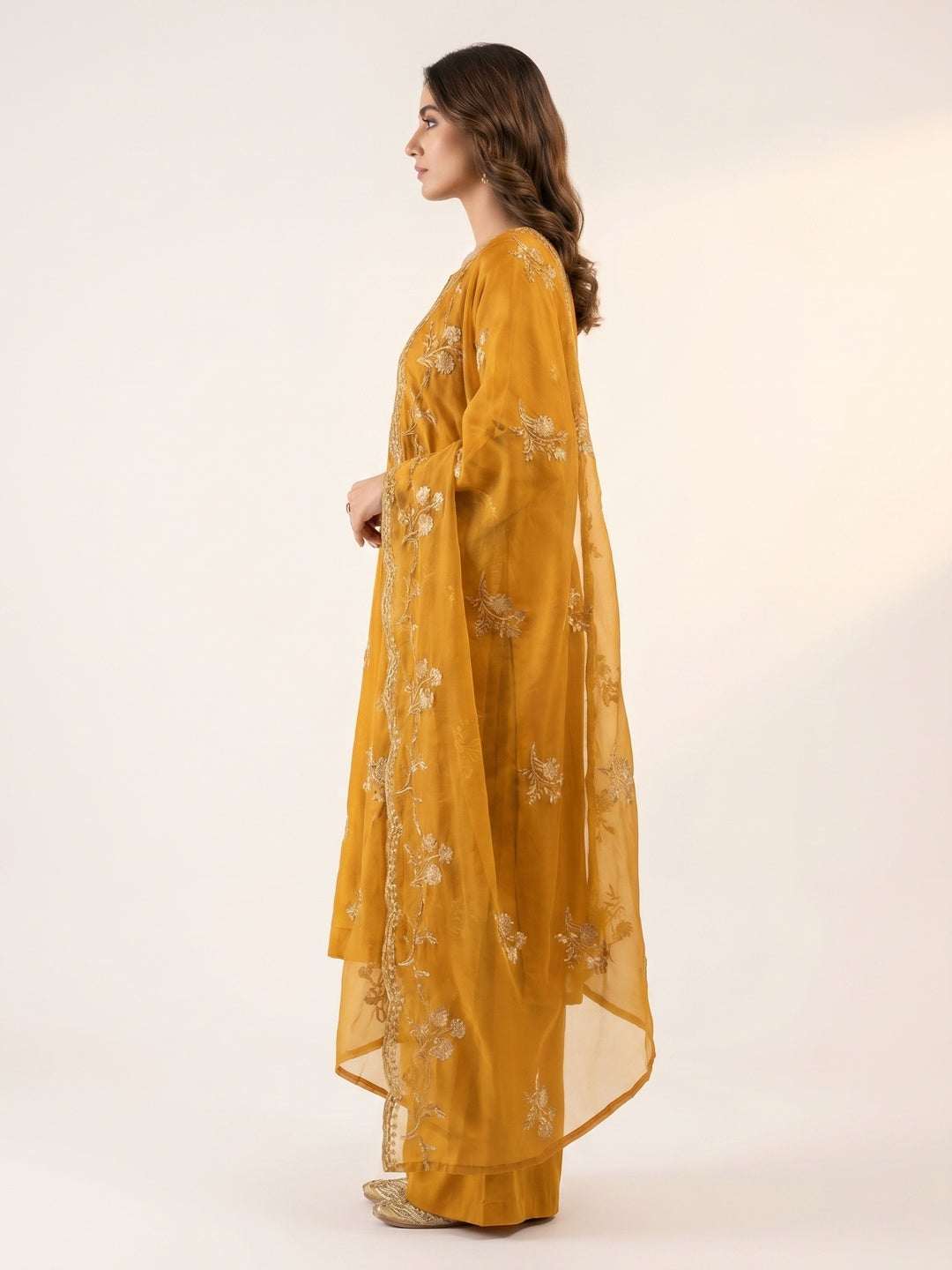 Mustard Yellow Embroidered Organza Dress Material - Image 2