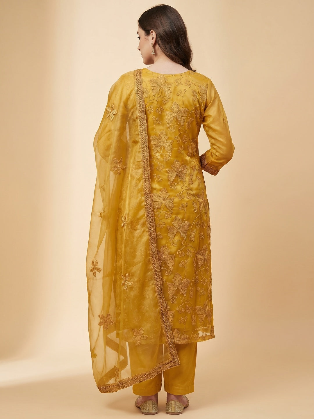 Mustard Yellow Embroidered Organza Dress Material - Image 3