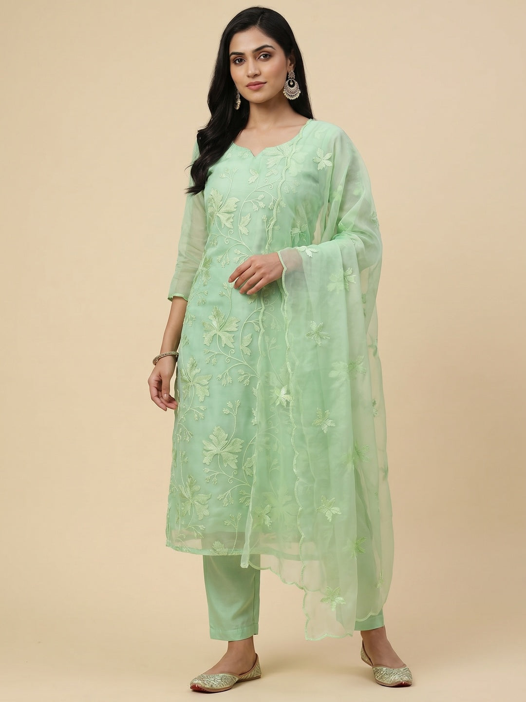 Pista Green Embroidered Organza Dress Material - Image 1