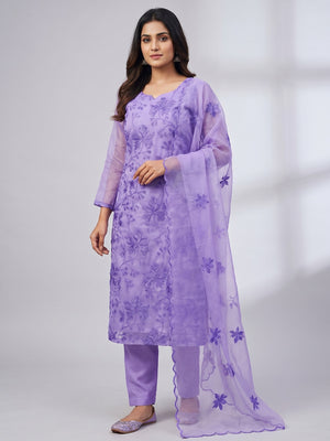 Lavender Embroidered Organza Dress Material - Image 1