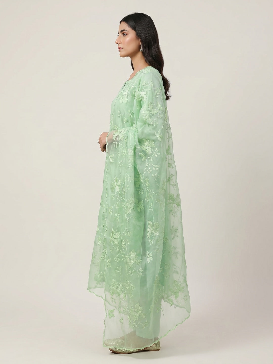 Pista Green Embroidered Organza Dress Material - Image 2