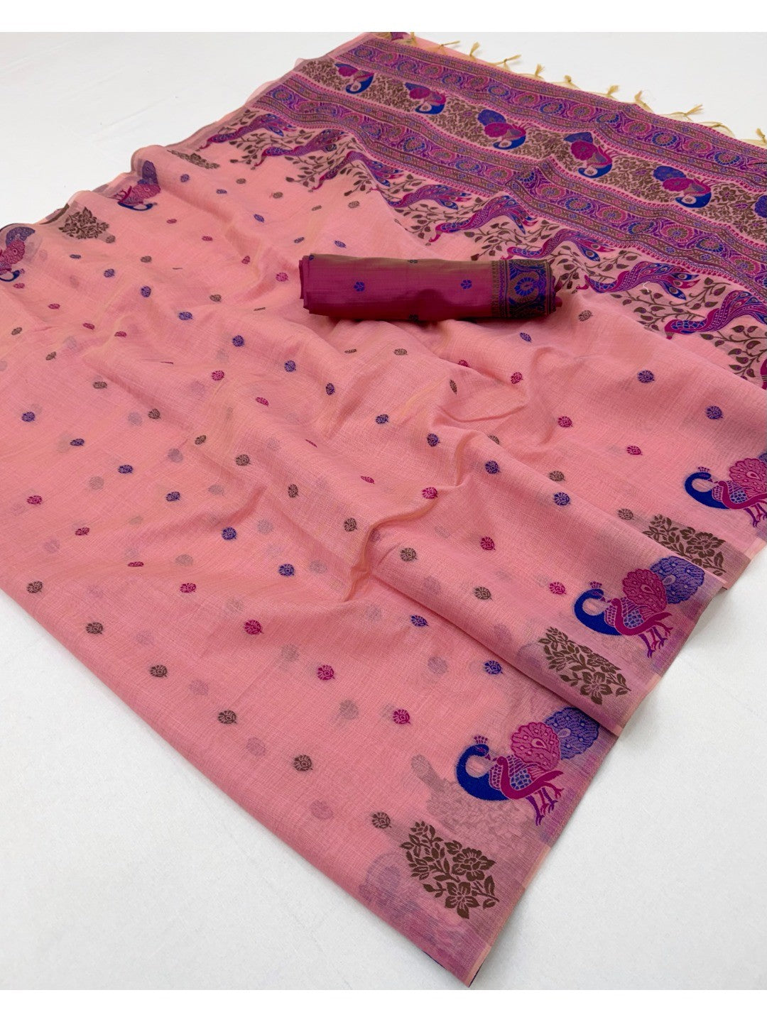 Elegant Pink Cotton Blend Saree with Traditional Peacock Woven Motifs - Image 2